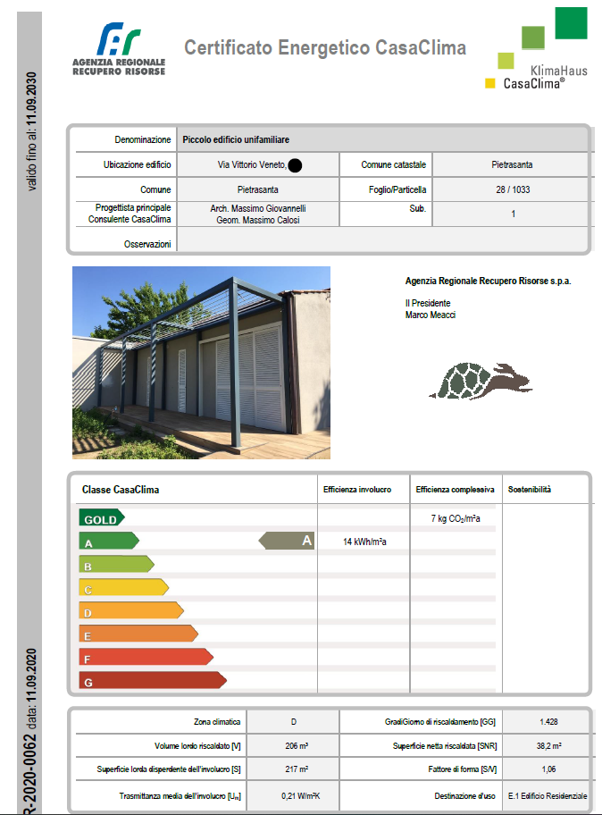 certificato ufficiale casa clima classe a villetta marina di pietrasanta